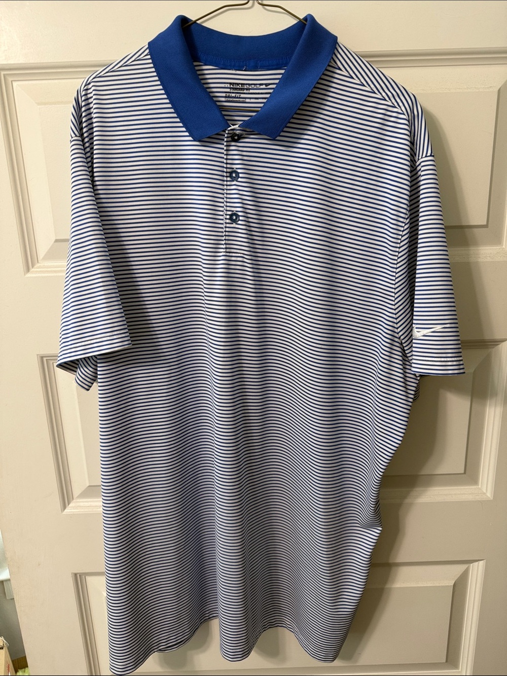 Nike Men's Blue and White Striped Polo with Royal Blue Collar